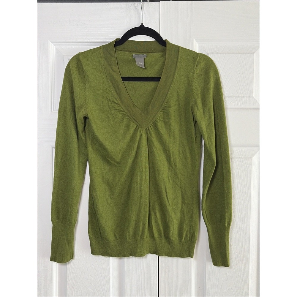 Ann Taylor V-Neck Sweater Womens Size S Green Cashmere Angora Blend Knit Soft